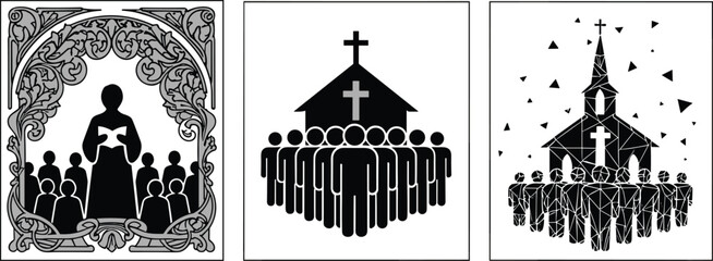 religious gathering illustrations with church buildings and worshippers, ornate, modern, and symbolic designs, spiritual community vector art for ceremonial stock content