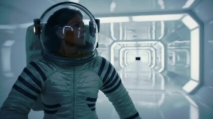 An astronaut in a spacesuit explores a futuristic corridor, filled with anticipation and wonder - Powered by Adobe