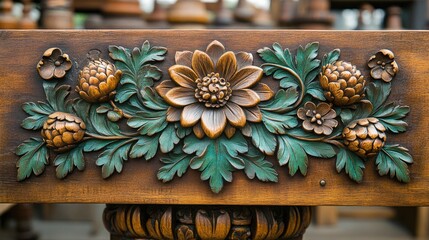 Exquisite wooden carving featuring floral and pinecone motifs adding to a rustic elegance