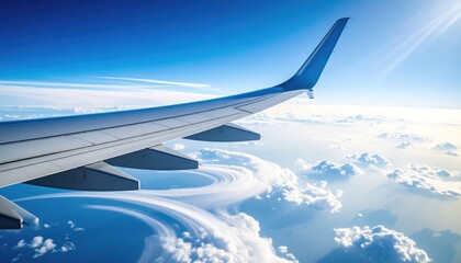 Obraz premium Airplane wing in flight over fluffy clouds and bright blue sky.