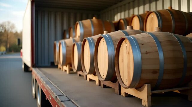 Close up of oak wine barrels ready for export arranged in modern refrigerated shipping container highlighting preservation and trade standards in  Photo Stock  Concept  and empty space on the left sid