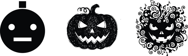 Stylized jack-o'-lantern illustrations in minimalist, sketch, and ornate designs, Halloween pumpkin vector art for spooky, festive, and decorative seasonal stock content