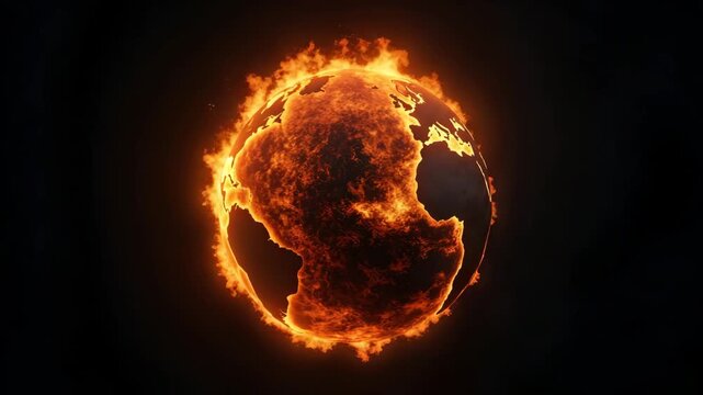 Conceptual burning earth concept image showing flaming planet half engulfed in flames against black backdrop symbolizing environmental destruction in  Photo Stock  Concept  and empty space on the left