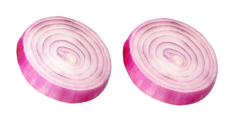 Two Spanish onion or red onion slices isolated with clipping path in png file format