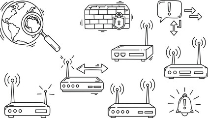 Internet Security and Global Networking Doodle Icons Set with WiFi Routers, Firewall, and Warning Alert.