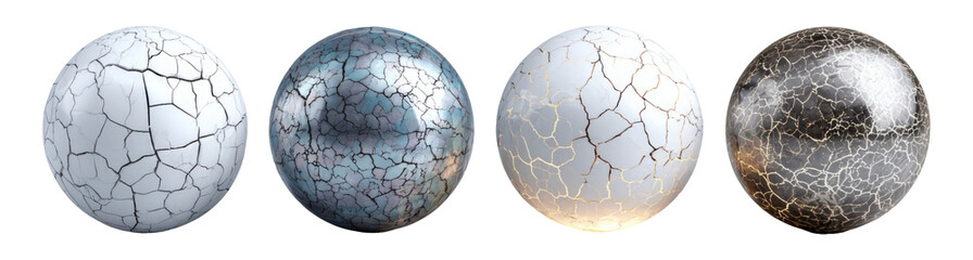 Four Distinct Cracked Sphere Designs on Transparent Background for Art Use