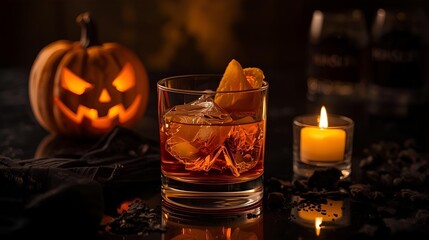 A moody Halloween scene featuring a glass of whiskey with ice cubes surrounded by glowing candles and a carved jack-o’-lantern in the background.