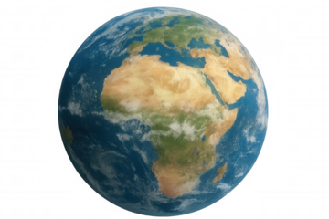 Planet earth showing africa and europe from space with visible clouds and landmasses, transparent background