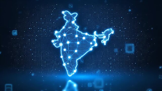 Digital glowing outline map of India illuminated in blue light with connected nodes and a dark background representing technology and connectivity