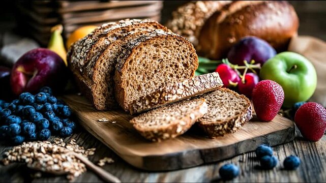 Sliced bread loaf with fresh fruit composition on wooden surface