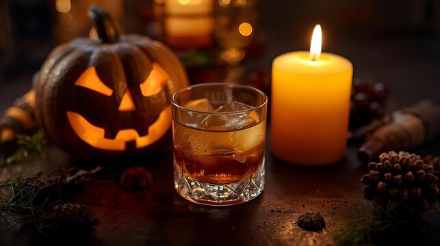 Spooky Halloween whiskey cocktail with jack-o'-lantern and candlelight - Powered by Adobe