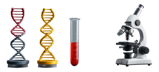 Colorful DNA Models, Beaker with Liquid, and Microscope on Transparent Background