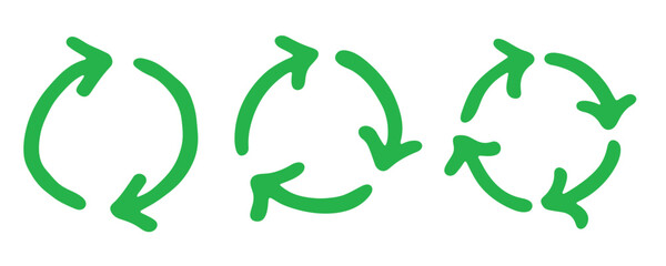 Set of hand drawn recycle arrow icon Recycling resources symbol Reuse of materials, zero waste, green environment, saving the planet