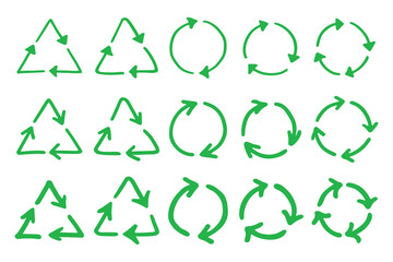 Set of hand drawn recycle arrow icon Recycling resources symbol Reuse of materials, zero waste, green environment, saving the planet
