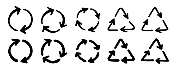 Set of hand drawn recycle arrow icon Recycling resources symbol Reuse of materials, zero waste, green environment, saving the planet