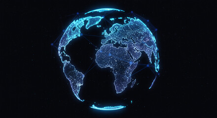Futuristic digital Earth globe with illuminated network lines, symbolizing global connectivity, data transfer, and technological advancement in a dark abstract space