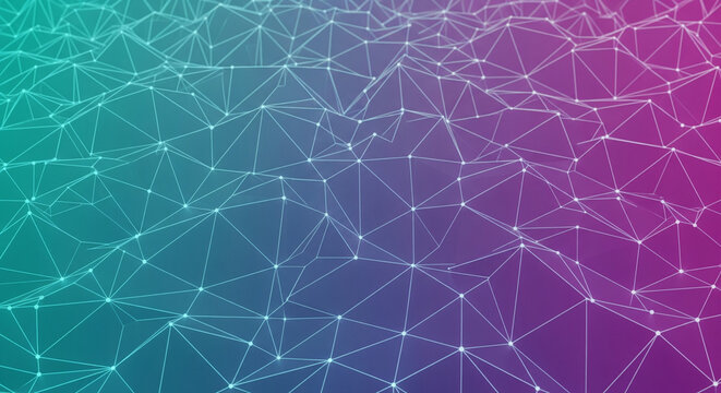Abstract futuristic background featuring a low-poly plexus network with interconnected nodes and lines on a vibrant teal and purple gradient