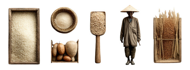 Isolated Objects of Rice, Seeds, and a Traditional Farmer in a Transparent Background