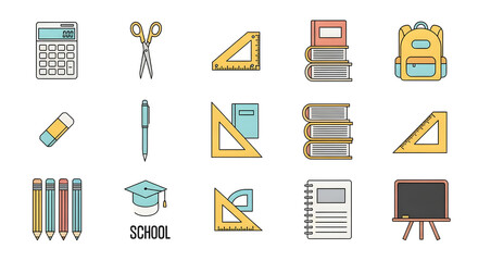 Collection of school supplies and stationery icons for education, learning, and back-to-school concepts