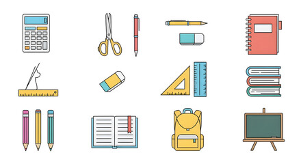 A comprehensive collection of colorful line icons representing essential school and office supplies, perfect for educational materials, business presentations, or stationery design projects