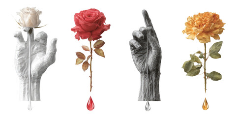 Artistic Hands Holding Flowers with Unique Colors and Textures on Transparent Background