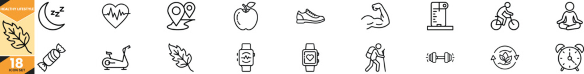 Healthy lifestyle concept icons collection featuring fitness nutrition and wellness themes vector