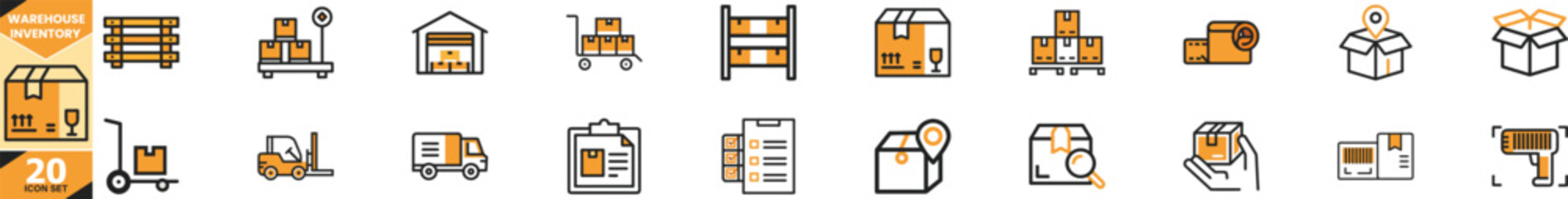 Warehouse inventory management icons set logistic supply chain objects collection simple graphics vector