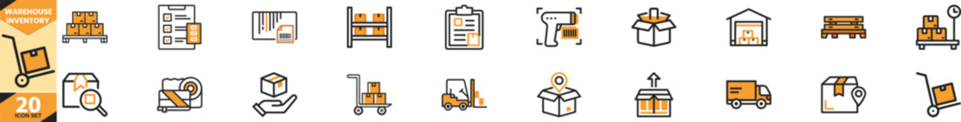 Set of warehouse inventory icons representing logistics supply chain management and stock control vector