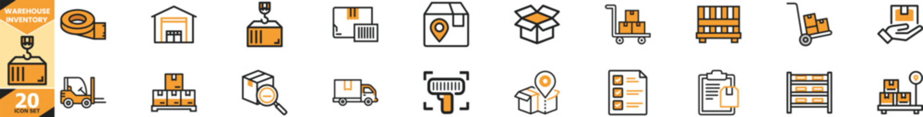 Warehouse inventory icons set logistics storage stock management asset tracking objects vector