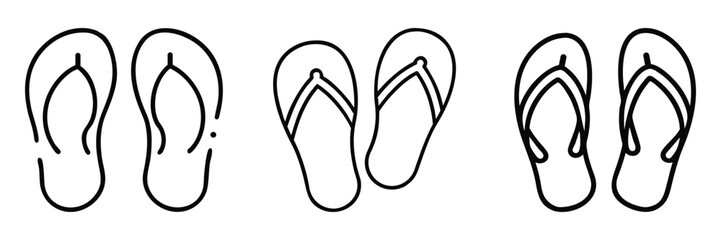 Collection of flip flop and sandal icons, summer footwear, beach shoes, and casual wear symbols, outline vector illustrations