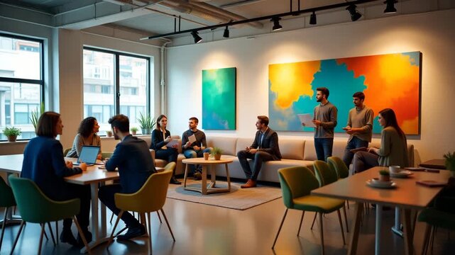 Wide?angle shot of diverse employees collaborating in vibrant office lounge with artwork and lounge seating embodying positive company culture in  Photo Stock  Concept  and empty space on the left sid