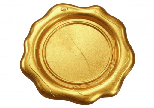 Golden wax seal with cracks isolated on a transparent background