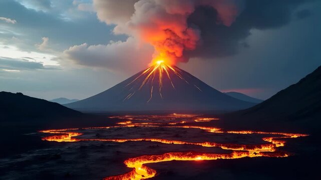 Volcano after eruption with clouds of ash rising into sky and glowing magma pockets visible along volcanic fissures molten landscape cooling in  Photo Stock  Concept  and empty space on the left side