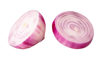 A set of one Spanish onion or red onion slice and halved bulb isolated with clipping path in png file format