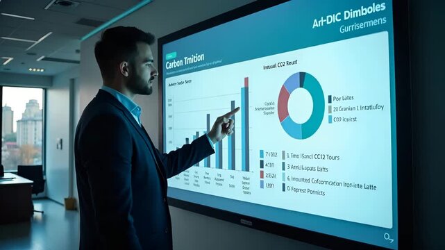 Technician creating carbon emission chart on large touchscreen displaying annual CO? trends industry sector breakdown and projected reduction pathways in clean design in  Photo Stock  Concept  and emp