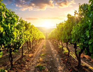 Rows of grapevines in a vineyard bathed in golden sunlight at sunset
