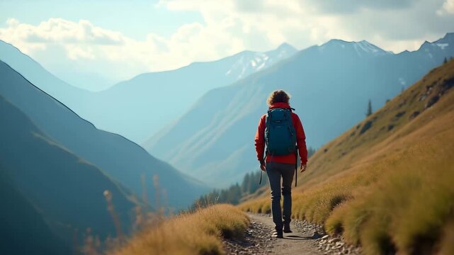 Backpacking Adventure in  Photo Stock  Concept  and empty space on the left side