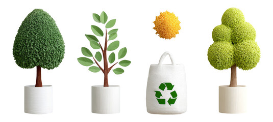 Isolated decorative trees and environmental bag on a transparent background