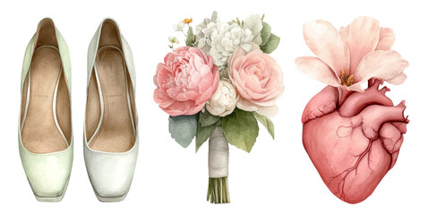 Elegant Design with Shoes, Floral Bouquet, and Heart Illustration on Transparent Background