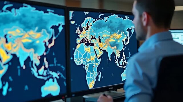 Shipping route planner updating Asia US trade line maps and vessel schedules for optimized transpacific logistics in maritime operations center in  Photo Stock  Concept  and empty space on the left si