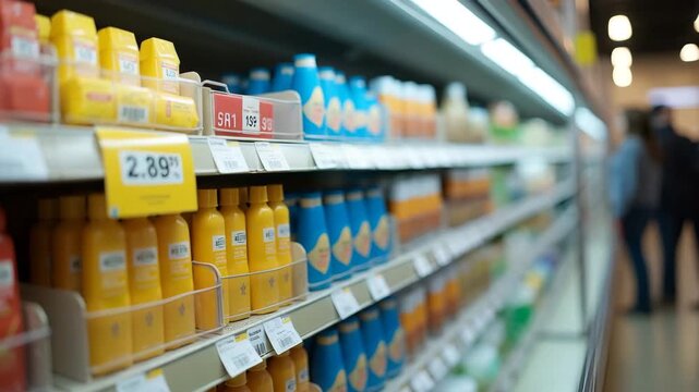 Retailers updating shelf tags displaying product price increase notices reflecting recent inflation trends impacting consumer spending in United States supermarkets and retail outlets in  Photo Stock 