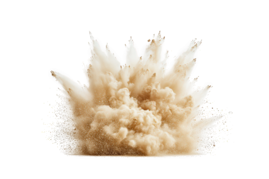 Sand explosion isolated on transparent background, showcasing the dynamic movement and texture of fine particles in a burst, creating a visually striking effect