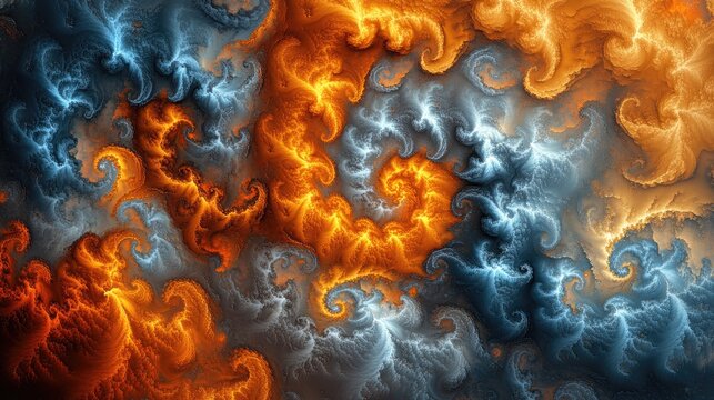 Abstract fractal design featuring swirling patterns of fiery orange and cool blue colors