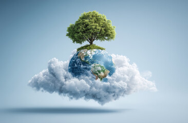 Vibrant green tree grows atop blue planet Earth, surrounded by fluffy white clouds, symbolizing harmony between nature and environment. This captivating scene evokes sense of peace and connection