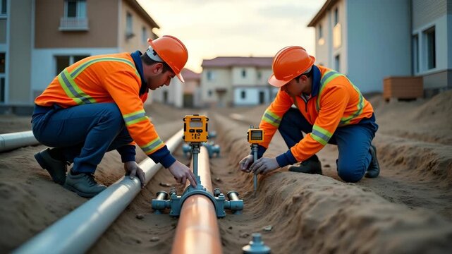 Utility technicians conducting water pipe inspection at residential construction site by lowering ultrasonic flow meter probes into service lines to assess structural integrity and flow rates in  Phot