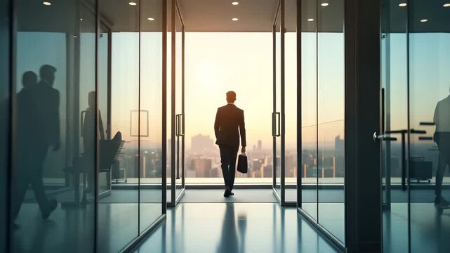 Dynamic scene illustrating ambitious professional starting next job chapter walking confidently through glass doors of contemporary corporate office symbolizing fresh beginnings in  Photo Stock  Conce