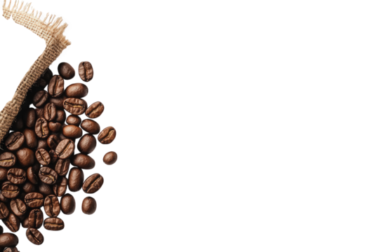 Coffee beans in burlap sack isolated on transparent background, showcasing rich aroma and texture, perfect for illustrating the essence of coffee culture