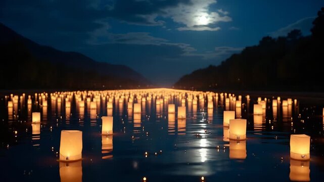 Floating candle lanterns drift along river surface during Toro Nagashi ceremony as families release lights in memory of departed ancestors under moonlit sky. in  Photo Stock  Concept  and empty space 