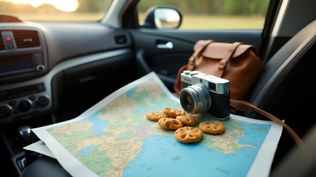 Close up of road trip essentials including map snacks travel guide and camera laid out on car dashboard with travel gear for planned vacation in  Photo Stock  Concept  and empty space on the left side