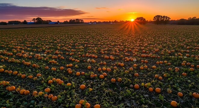 Endless Harvest Sunset: A Vast Pumpkin Patch Field Under Golden Hour Light, Symbolizing Autumn Abundance and Harvest Season